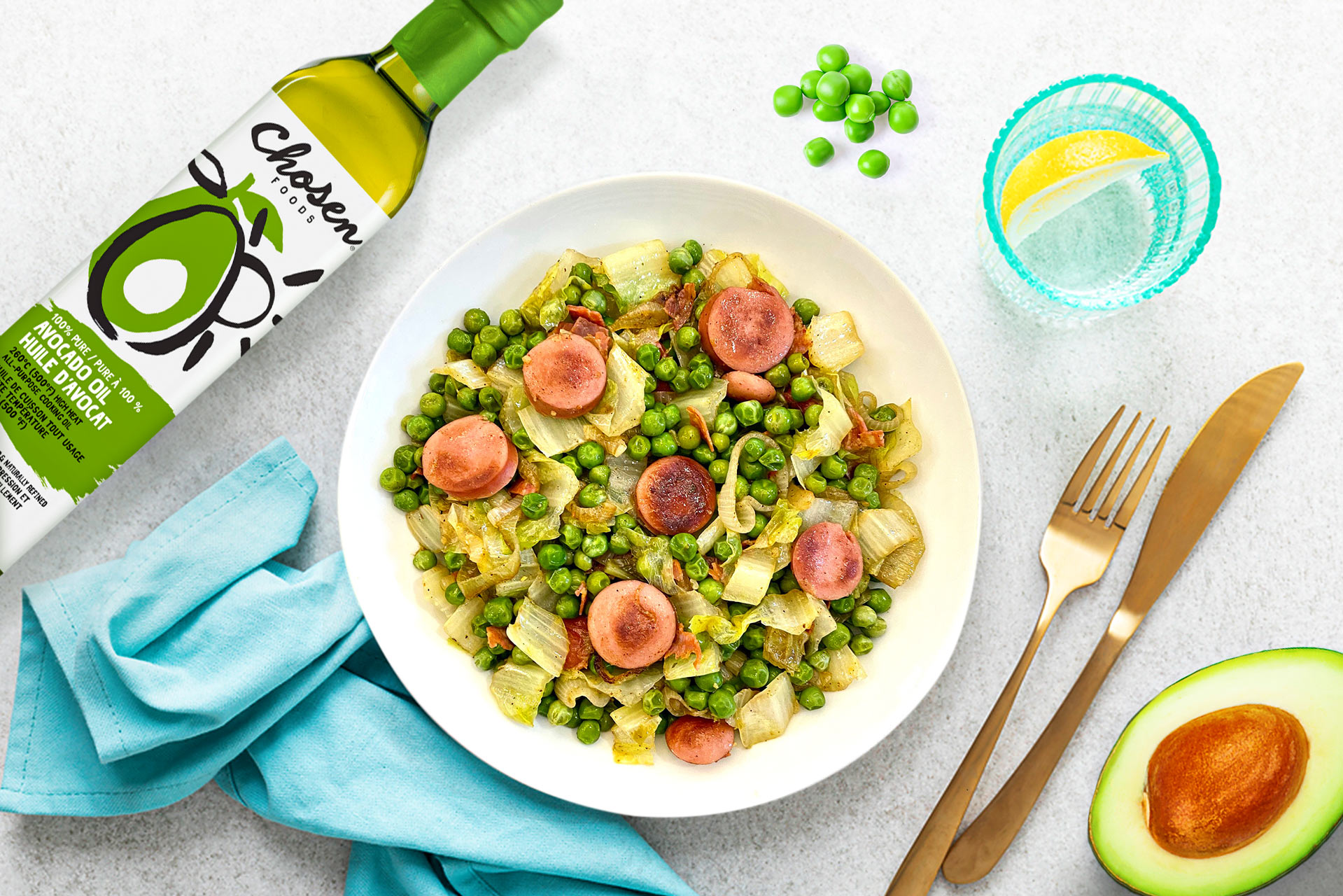 Saucisse sans gluten et petits pois