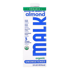 Front of MALK Organic Almond Milk Unsweetened - Gum Free Almond Milk -  Dairy Free Milk - Non-GMO Milk
