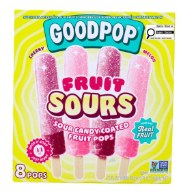 Bonbons aigres Goodpop Fruit Sours enrobés de bonbons aigres aux fruits cerise et melon, 8 pops