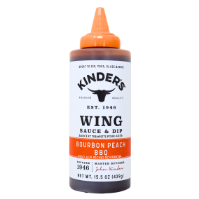 Sauce pour ailes et trempette premium Kinder saveur bourbon pêche BBQ, 439g.