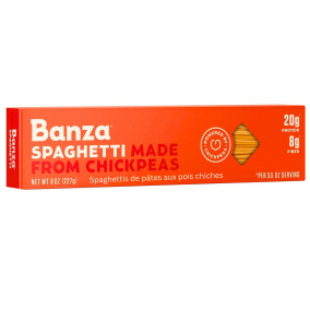Front of Banza Chickpea Pasta Spaghetti - High Protein Pasta - Vegan Pasta - Gluten Free Pasta