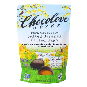 Chocolove XO Œufs en chocolat noir remplis de caramel salé, 200g