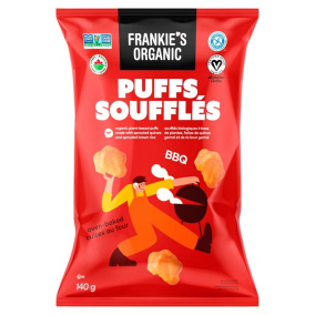 Front of Frankie’s Organic Gluten-Free Oven-Baked Puffs BBQ - Quinoa Chips - Gluten Free Chips Canada - Puffed Snacks