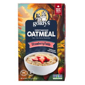 Front of Goldys Cereal - Goldys Oatmeal - Healthy Instant Oatmeal - Chia Seed Oatmeal - Strawberry Oatmeal