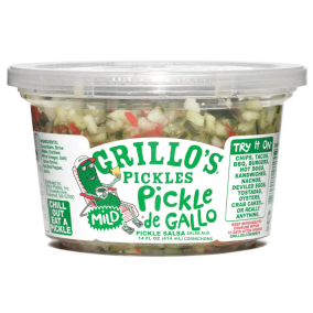 Front of Grillo’s Pickles Pickle Salsa De Gallo Mild - Pickle Relish Without Preservatives - Pickle De Gallo - Unpasteurized Pickle Relish