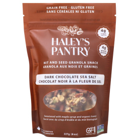 Front of Haley’s Pantry Granola Dark Chocolate and Sea Salt - plant-based protein - low sugar granola - heart healthy snack