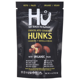 Front of Hu Kitchen Dark Chocolate Covered Cashews + Vanilla Bean Hunks - Paleo Chocolate - Vegan Chocolate - Gluten-Free Chocolate
