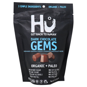 Front of Hu Kitchen Snacking and Baking Dark Chocolate Gems