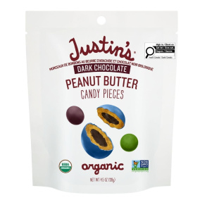 Front of Justin's Organic Dark Chocolate Peanut Butter Candy Pieces