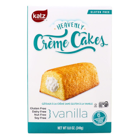 Front of Katz Gluten Free Vanilla Cake Creme Filled Cakes