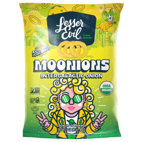 Front of Lesser Evil Moonions Crunchy Organic Corn Rings Intergalactic Onion Ring Chips