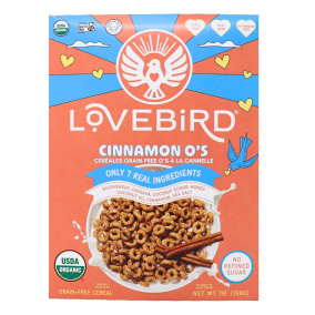 Front of Lovebird Foods Grain-Free O’s Cereal Cinnamon - Gluten Free Cereal - Grain Free Breakfast - Non-GMO Cereal