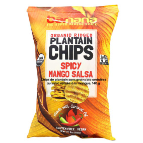 Barnana Croustilles de plantain biologiques à graines ondulées sans gluten saveur salsa épicée à la mangue, 140g.
