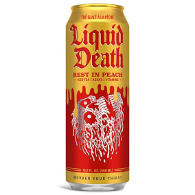Front of Liquid Death Iced Tea Rest In Peach - Black Iced Tea Can - Healthy Iced Tea - Tea With Vitamins