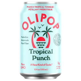 Front of OLIPOP Low Sugar Sparkling Prebiotic Soda Tropical Punch - Prebiotic Soda Canada - Healthy Fruit Punch - Olipop Tropical Punch