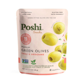 Front of Poshi Premium Green Pitted Olives with Chili & Oregano - Olives For Charcuterie Boards - Pitted Green Olives - Low Calorie Olives