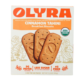 Front of Olyra Organic Ancient Grains Breakfast Biscuit Cinnamon Tahini, 4 3-Packs