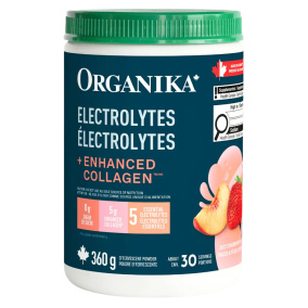 Front of Organika Electrolytes + Enhanced Collagen Juicy Strawberry Peach, 360g
