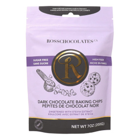 Front of Ross Chocolates Sugar-Free Chocolate Chips Keto Baking Chips Stevia Chocolate Chips Dark