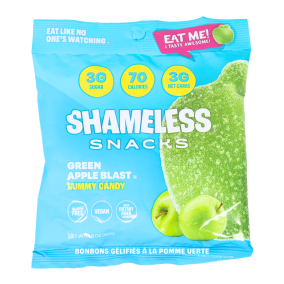 Front of Shameless Snacks Low Sugar Gummies Healthy Gummy Candy Green Apple Blast