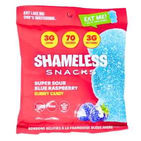 Front of Shameless Snacks Low Sugar Gummies Healthy Gummy Bears Super Sour Blue Raspberry 
