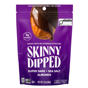 Front of Skinny Dipped Almonds Super Dark + Sea Salt -  Low Sugar Snacks - Chocolate Covered - Dark Chocolate Covered Almonds