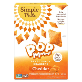 Front of Simple Mills Gluten-Free Pop Mmms Veggie Flour Baked Crackers Cheddar, 113g