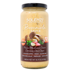 Front of SOLENZI Boscaiola Sauce - Dairy Free Mushroom Sauce - Vegan Mushroom Sauce - Vegan Cream Sauce - Mushroom Cream Sauce