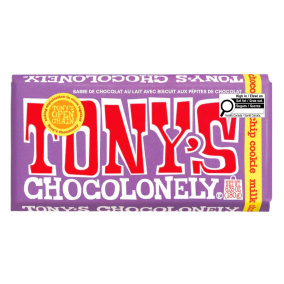 Front of Tony's Chocolonely Chocolate Bar Milk Chocolate With Chocolate Chip Cookie Bar - Fair Trade Chocolate - Best Chocolate Brand 