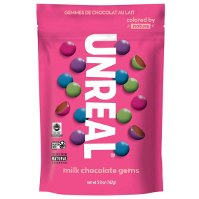 Front of Unreal Milk Chocolate Gems - Fair trade chocolate canada - 
Healthy chocolate candy options - Healthy chocolate