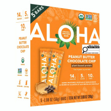 Barre de protéines biologiques à base de plantes ALOHA, arôme beurre d'arachide et pépites de chocolat, boîte de 5 barres