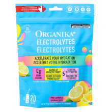 Poudre d'électrolytes sans sucre Organika saveur limonade rose, 20 sachets