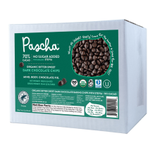 Chips de chocolat noir biologique Pascha en vrac, avec 70 % de cacao et sans sucre ajouté, édulcoré à l'aide de stévia biologique, 10 lb.