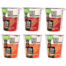 Ensemble varié de 6 tasses de ramen instantané Chef Woo à haute teneur en protéines à base de plantes.