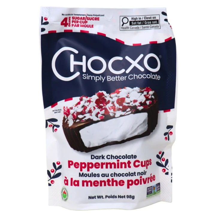 Front of ChocXO 85% Dark Chocolate Peppermint Cups - Chocolate With Candy Cane - Chocolate Peppermint - Low Sugar Chocolates