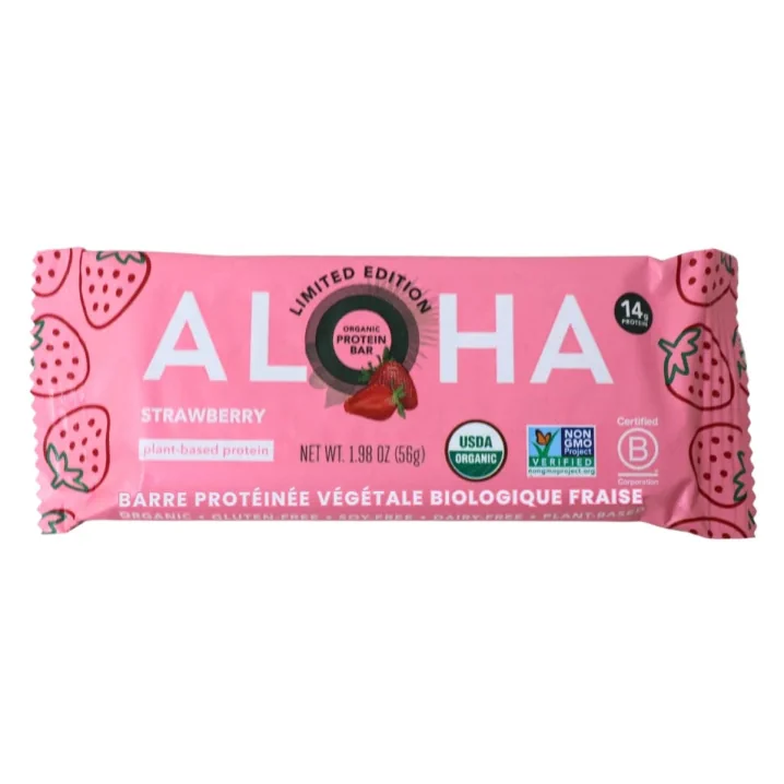 ALOHA Organic Plant-Based Protein Bar Strawberry Front of bar