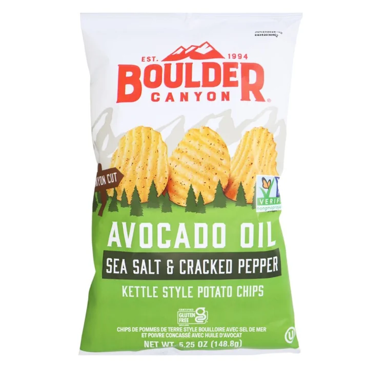 Front of Boulder Canyon Kettle Style Potato Chips With Avocado Oil Sea Salt Cracker Pepper - Chips Made With Avocado Oil - Healthy Kettle Cooked Chips - Gluten Free Kettle Cooked Chips