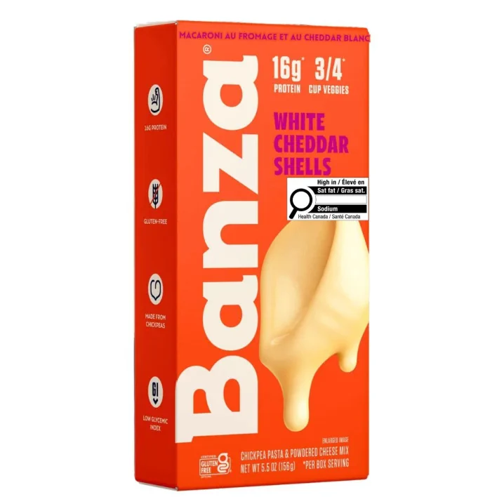 Front of Banza Chickpea Pasta Shells + White Cheddar Mac & Cheese - High Protein Pasta - Vegan Pasta - Gluten Free Pasta