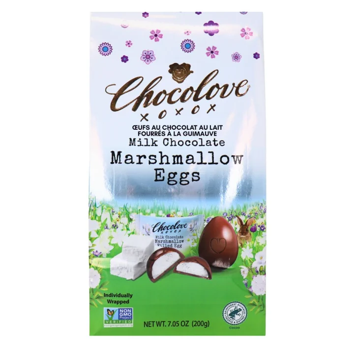 Front of Chocolove XO Milk Chocolate Marshmallow Filled Eggs - Non-GMO Chocolate Snack - Easter Multiple Chocolate Pack - Rainforest Alliance Certified Easter Chocolate