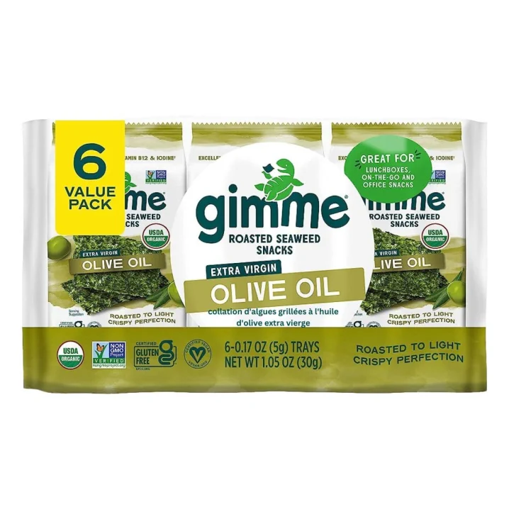 Front of GimMe Organic Roasted Seaweed Snack Extra Virgin Olive Oil - Organic Seaweed Snacks - Seaweed Snacks - Organic Roasted Seaweed Snack