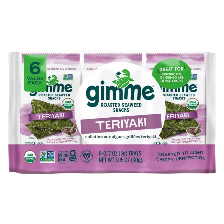Front of GimMe Organic Roasted Seaweed Snacks Value Pack Teriyaki - Gluten Free Seaweed - Organic Seaweed Snacks - Teriyaki Seaweed