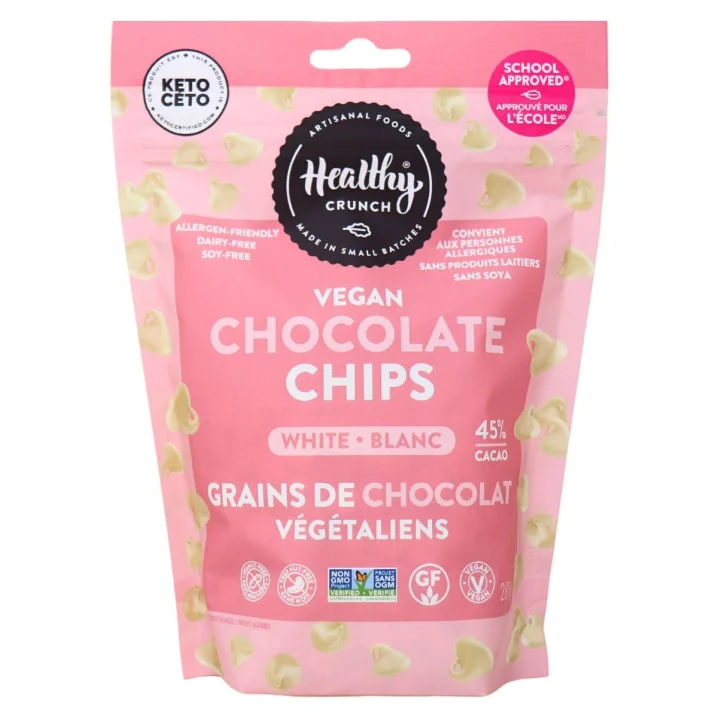 Front of Healthy Crunch White Vegan Chocolate Chips - White Chocolate Chips Cookies - Best White Chocolate - Healthy White Chocolate Chips
