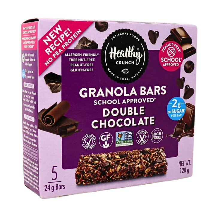 Front of Healthy Crunch Gluten-Free Nut-Free Double Chocolate Granola Bars, 5 Bars