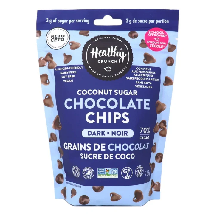 Front of Healthy Crunch Vegan Chocolate Chips Dark Chocolate Coconut Sugar Allergen Free Chocolate Paleo