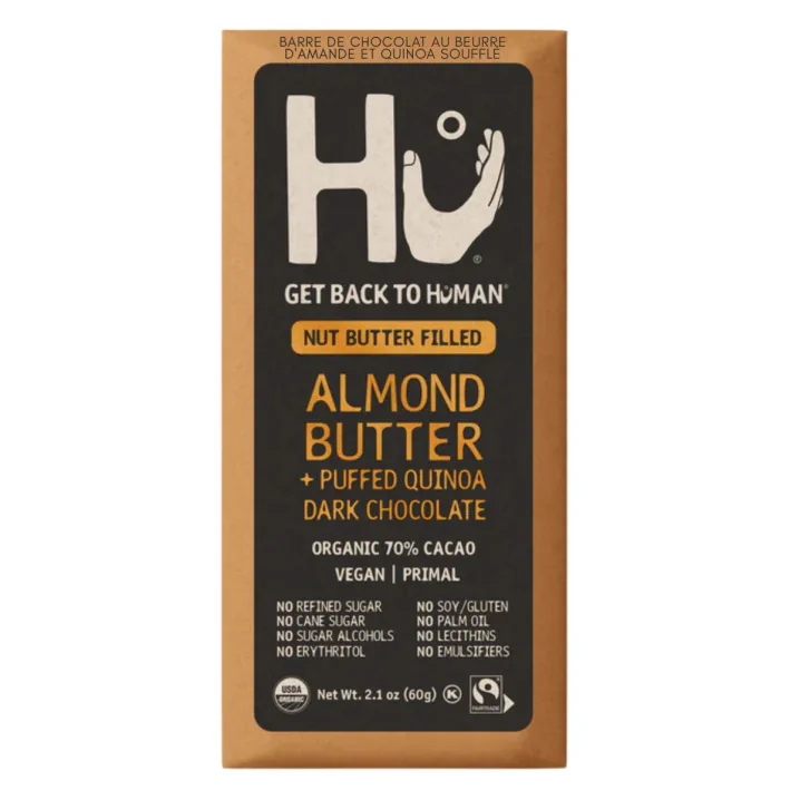 Front of Hu Kitchen Almond Butter & Puffed Quinoa Chocolate Bar - vegan chocolate bars - dark chocolate bar - gluten free chocolate bars
