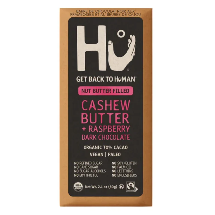 Front of Hu Kitchen Cashew Butter and Raspberry Dark Chocolate Bar - dark chocolate bar - gluten free chocolate bars - Hu Chocolate Canada