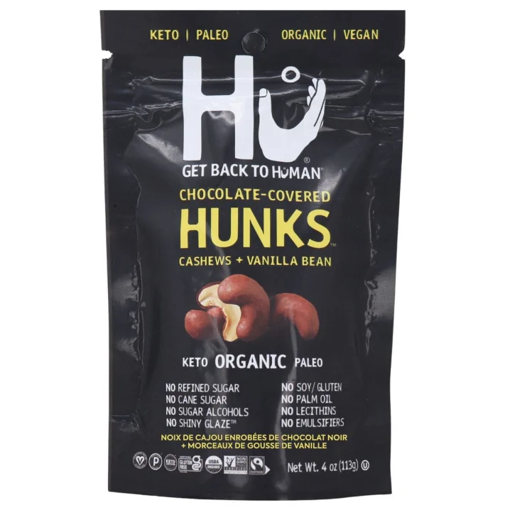 Front of Hu Kitchen Dark Chocolate Covered Cashews + Vanilla Bean Hunks - Paleo Chocolate - Vegan Chocolate - Gluten-Free Chocolate