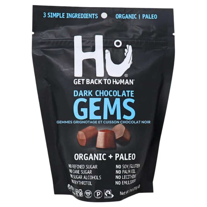 Front of Hu Kitchen Snacking and Baking Dark Chocolate Gems
