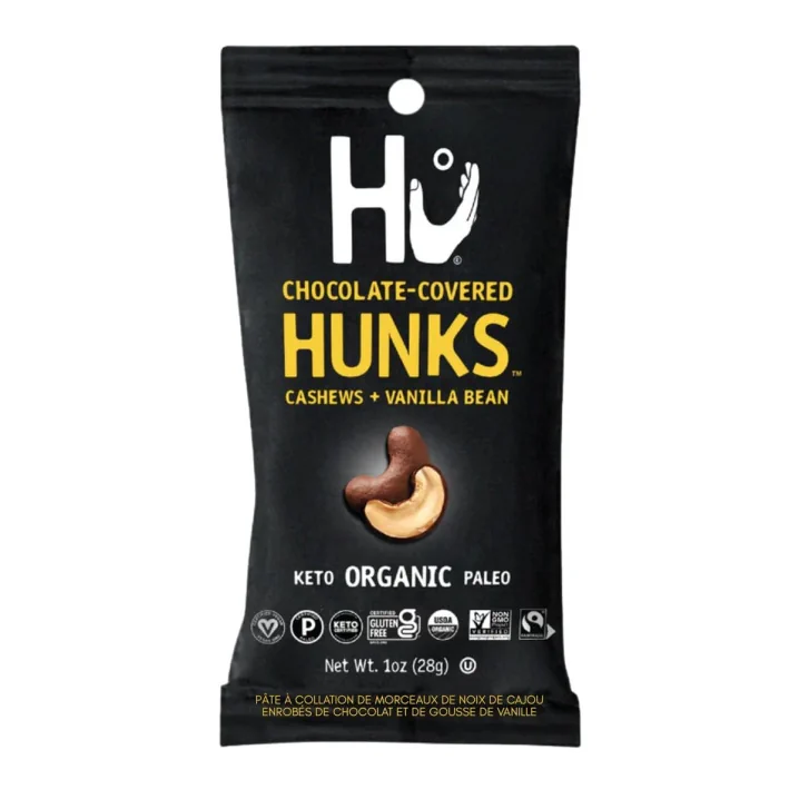 Front of Hu Kitchen Chocolate-Covered Hunks Cashews + Vanilla Bean Snack Pack -  Vegan Chocolate Nuts - Natural Chocolate Snacks - Healthy Chocolate Snacks