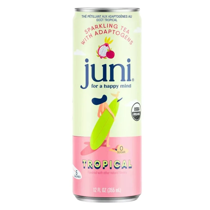 Front of Juni Sparkling Adaptogenic Tea Tropical - Adaptogenic Drinks - Jay Shetty Tea - Sparkling Teas